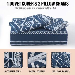 DUOMING Boho Duvet Cover King - 100% Cotton Navy Duvet Cover Set, Navy Blue King Duvet Cover with Zipper Closure & 8 Ties, 3 Piece Bohemian Duvet Cover King Set