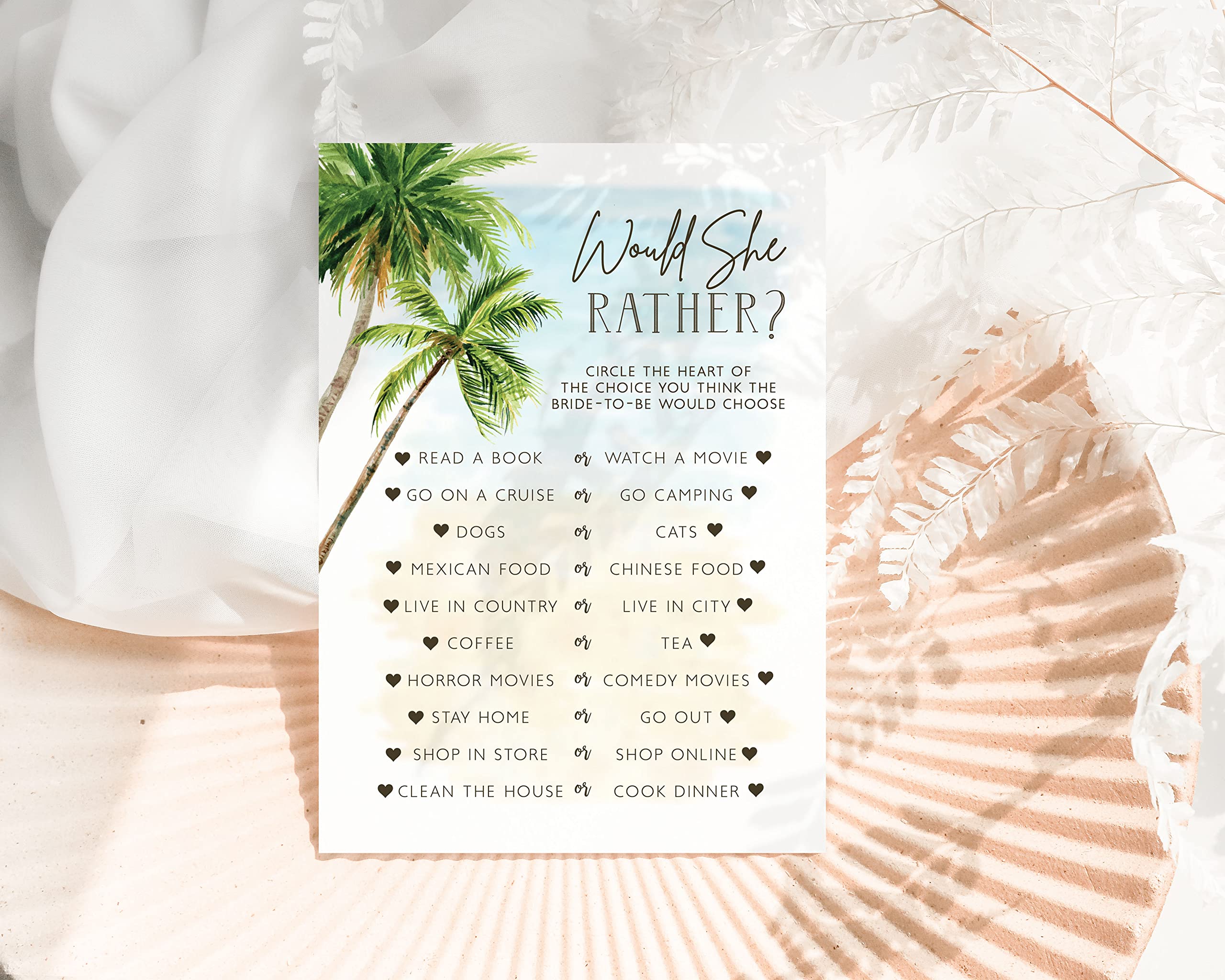 Your Main Event Prints Palm Tree Beach, Wedding Bridal Shower Games Guest Quest, He Said She Said, Would She Rather, How Well Do You Know(Set of 4 Fun Activities for 25 Guests)