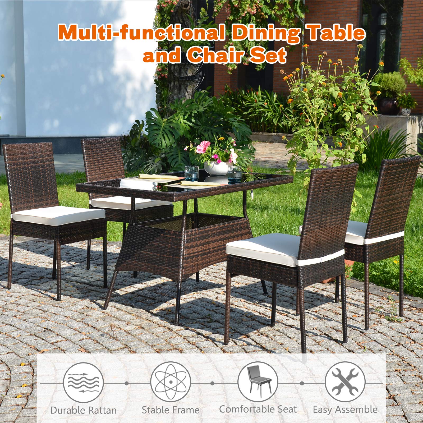 Toolsempire 5 Pieces Patio Wicker Dining Set Outdoor Furniture, Outdoor Rattan Table and Chairs with Tempered Glass Table-top & Padded Cushions, Patio Furniture Sets for Backyard, Balcony(Brown)