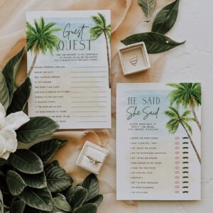 Your Main Event Prints Palm Tree Beach, Wedding Bridal Shower Games Guest Quest, He Said She Said, Would She Rather, How Well Do You Know(Set of 4 Fun Activities for 25 Guests)