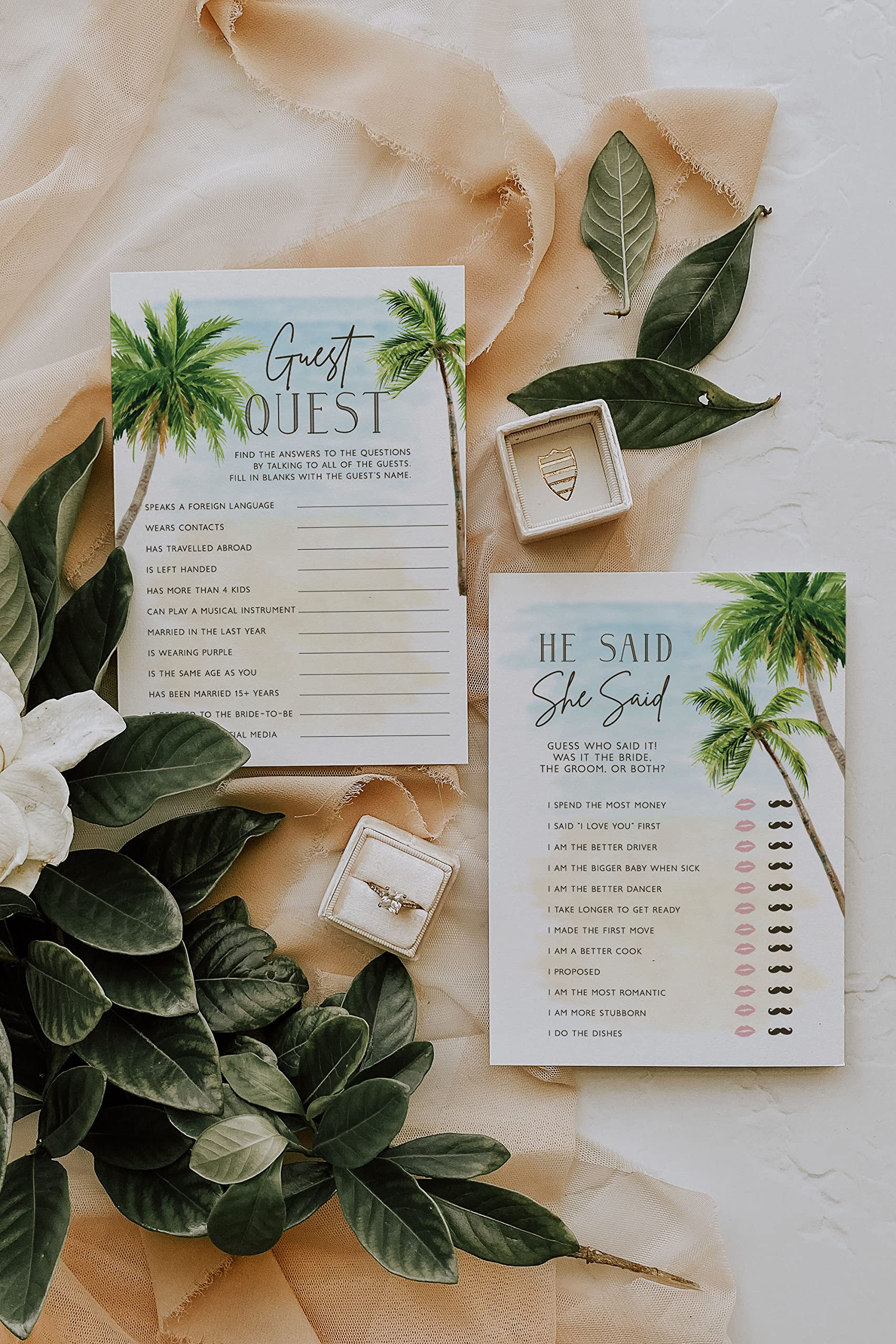 Your Main Event Prints Palm Tree Beach, Wedding Bridal Shower Games Guest Quest, He Said She Said, Would She Rather, How Well Do You Know(Set of 4 Fun Activities for 25 Guests)