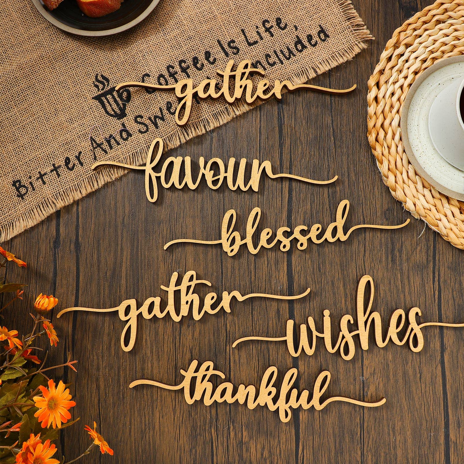 12 Pieces Thanksgiving Wood Word Cutout Thankful Plate Signs Grateful Blessed Gather Sign Thanksgiving Place Sign Thankful Plate Cutout Thanksgiving Sign for Table Home Dinner Party