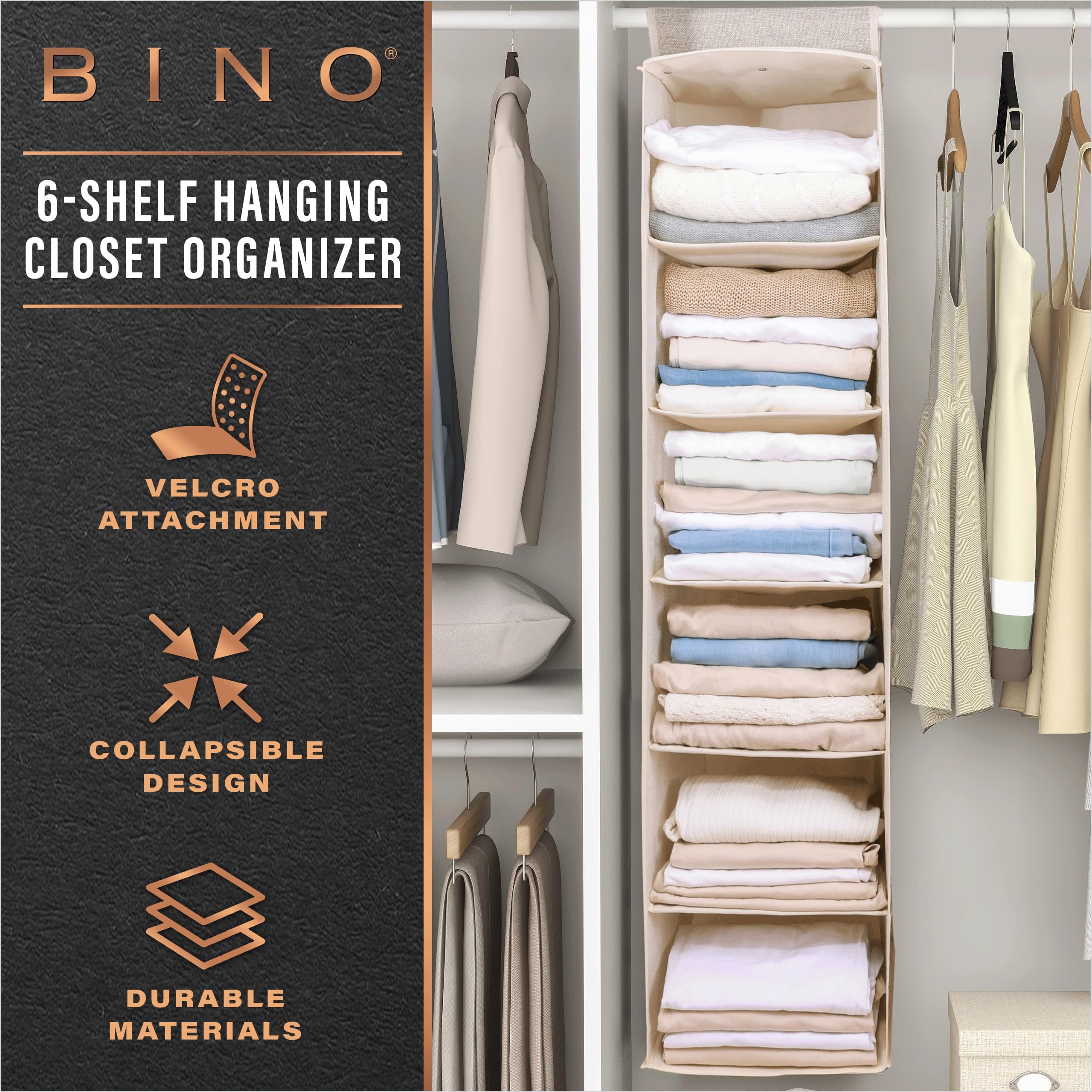 BINO 6-Shelf Sweater Closet Organizer - Beige | Closet Hanging Organizer for Bedroom | Hanging Sweater Storage Organizer | Hanging Shelves | Portable Closets for Hanging Clothes | Room Essentials