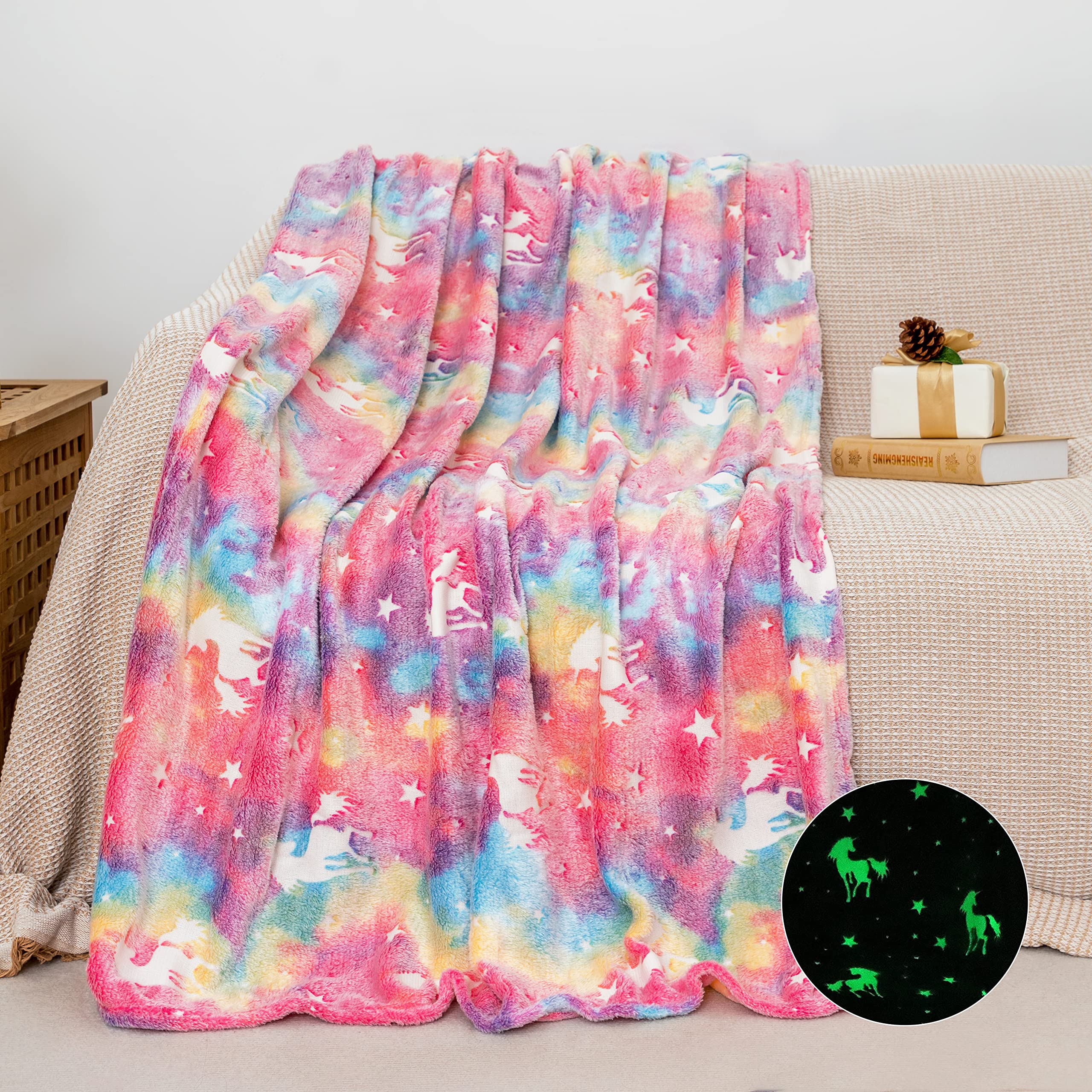 GOSALISU Glow in The Dark Blanket Unicorns, 50 x60 inch Luminous Blanket for 3 4 5 6 7 8 9 10 Year Old Girl Boy Gifts, Flannel Kids Throw Blanket for Christmas Birthday