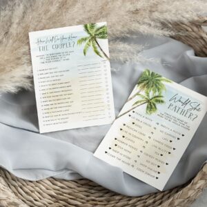 Your Main Event Prints Palm Tree Beach, Wedding Bridal Shower Games Guest Quest, He Said She Said, Would She Rather, How Well Do You Know(Set of 4 Fun Activities for 25 Guests)