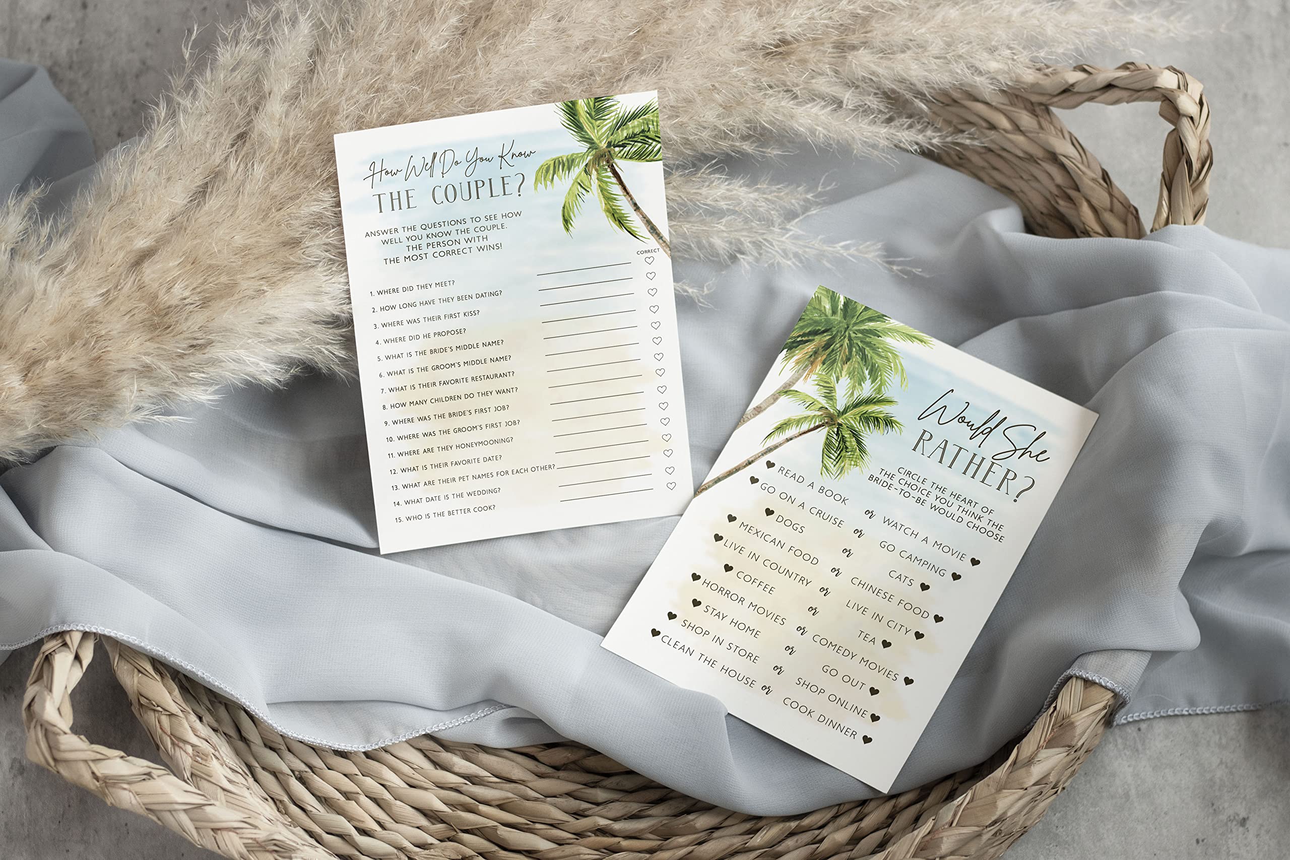 Your Main Event Prints Palm Tree Beach, Wedding Bridal Shower Games Guest Quest, He Said She Said, Would She Rather, How Well Do You Know(Set of 4 Fun Activities for 25 Guests)