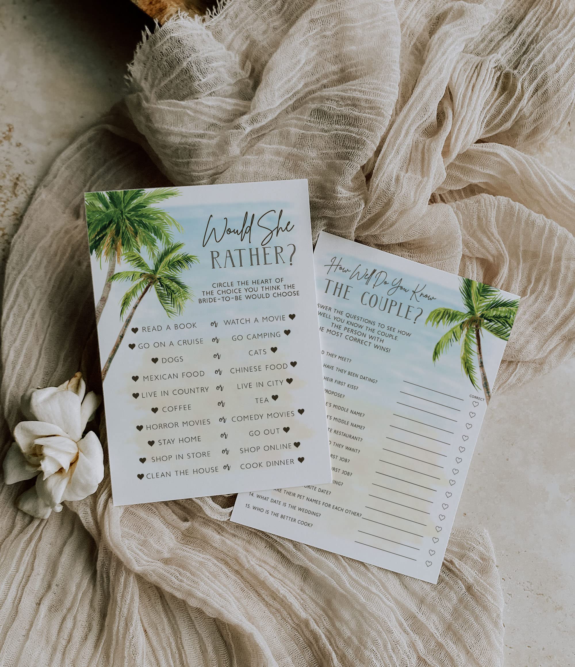 Your Main Event Prints Palm Tree Beach, Wedding Bridal Shower Games Guest Quest, He Said She Said, Would She Rather, How Well Do You Know(Set of 4 Fun Activities for 25 Guests)