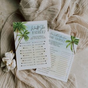 Your Main Event Prints Palm Tree Beach, Wedding Bridal Shower Games Guest Quest, He Said She Said, Would She Rather, How Well Do You Know(Set of 4 Fun Activities for 25 Guests)