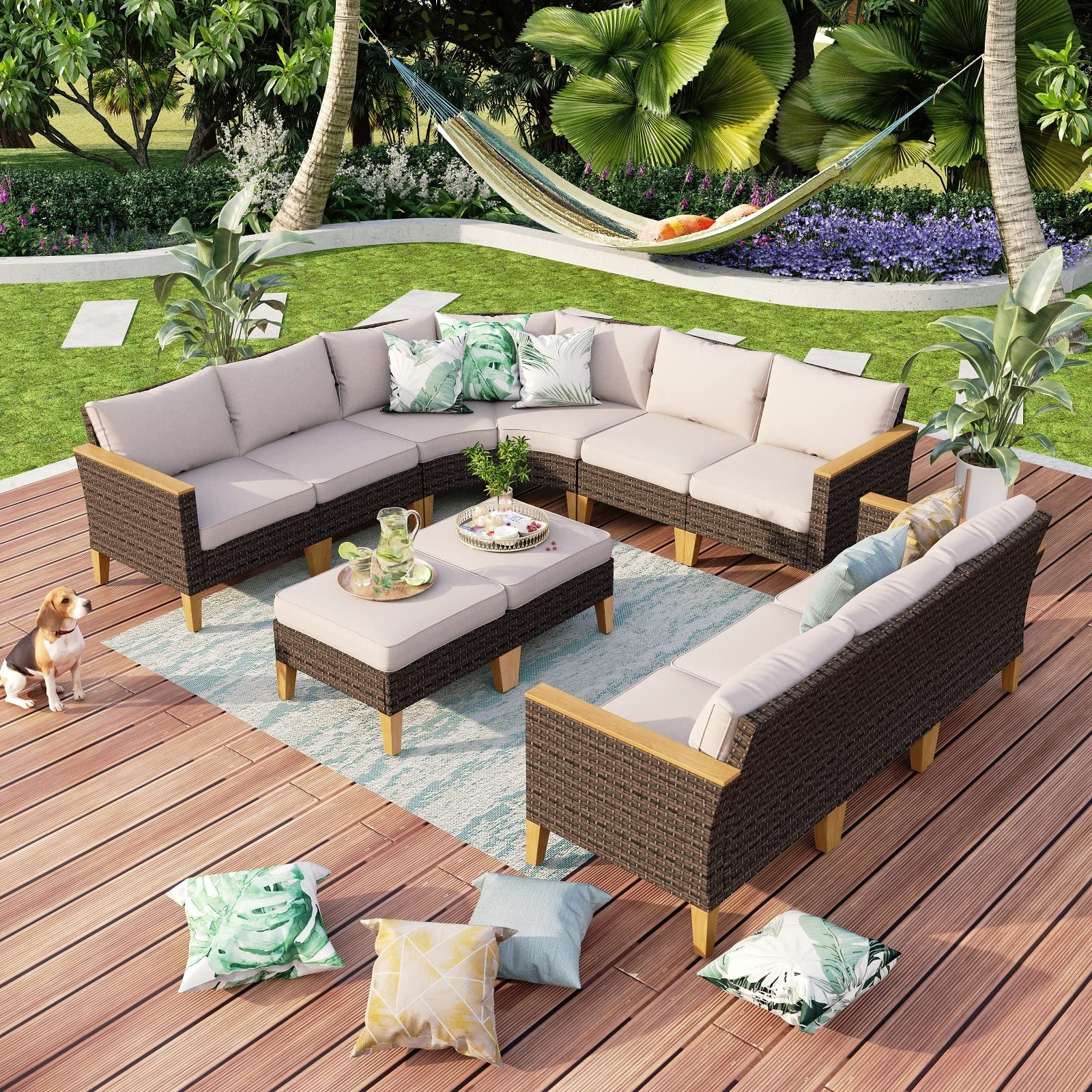 MFSTUDIO 11 Pieces Wicker Patio Furniture Set, All-Weather Rattan Outdoor Half-Moon Curved Sectional Sofa Set for Garden, Backyard, 2 x Curved Sofa, 3 x Armless Sofa, 2 x Ottomans, 4 x Corner Sofa