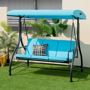 tangkula 3 person porch swing, 2-in-1 convertible patio swing bed with removable cushions, solid steel structure, outdoor swing with adjustable canopy for backyard, balcony, poolside (turquoise)