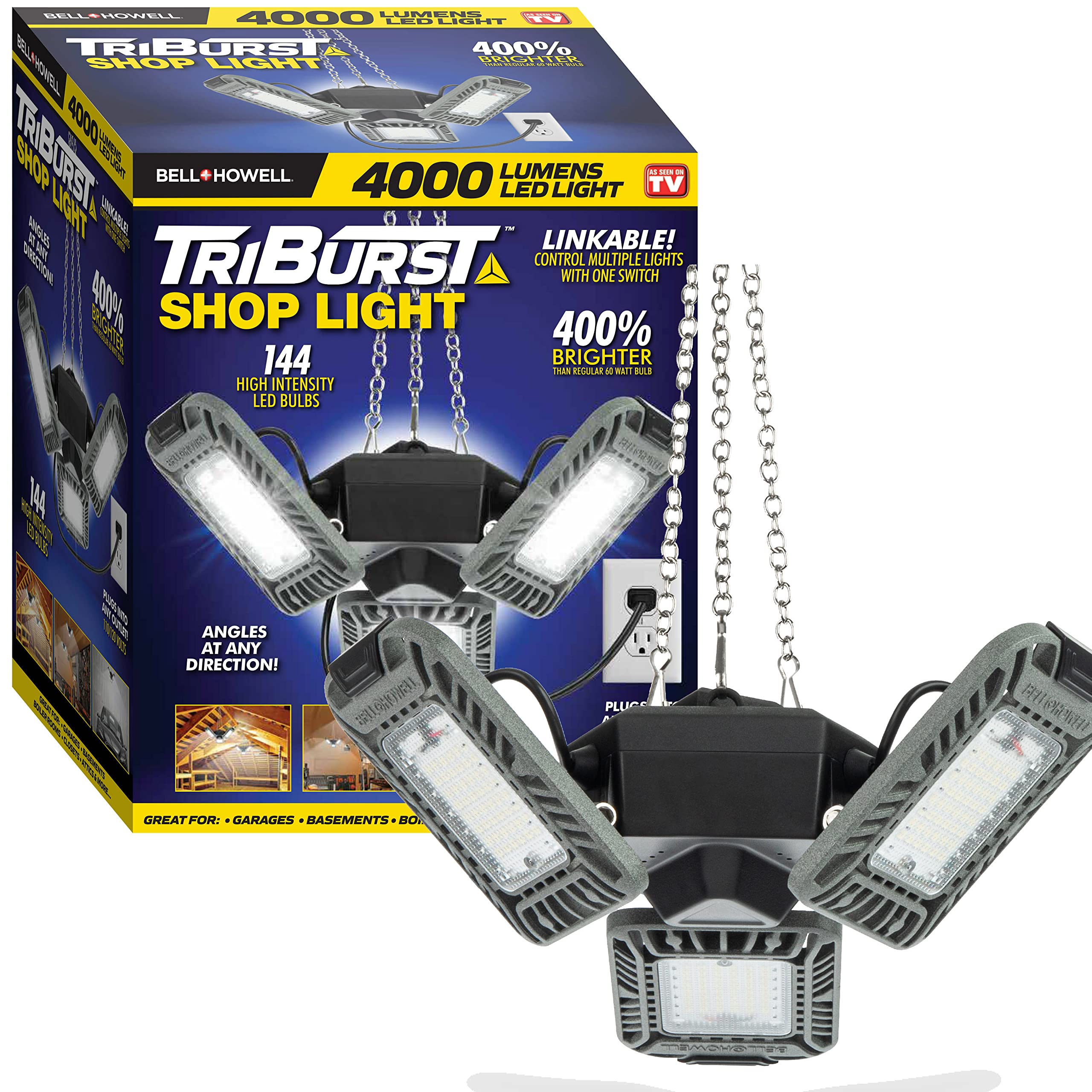 Triburst LED Shop Lights for Workshop, 4000 Lumens Super Bright Garage Lighting, LED Garage Lights, LED Shop Light, Ceiling Light with 3 Light Panels, Linkable, Plugs into Outlet, Easy to Install