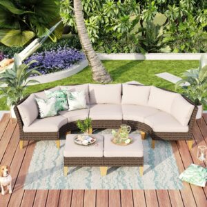 MFSTUDIO 7 Pieces Wicker Patio Furniture Set, All-Weather Rattan Outdoor Half-Moon Curved Sectional Sofa Set for Garden, Backyard, 4 x Curved Sofa, 1 x armless Sofa, 2 x Ottomans