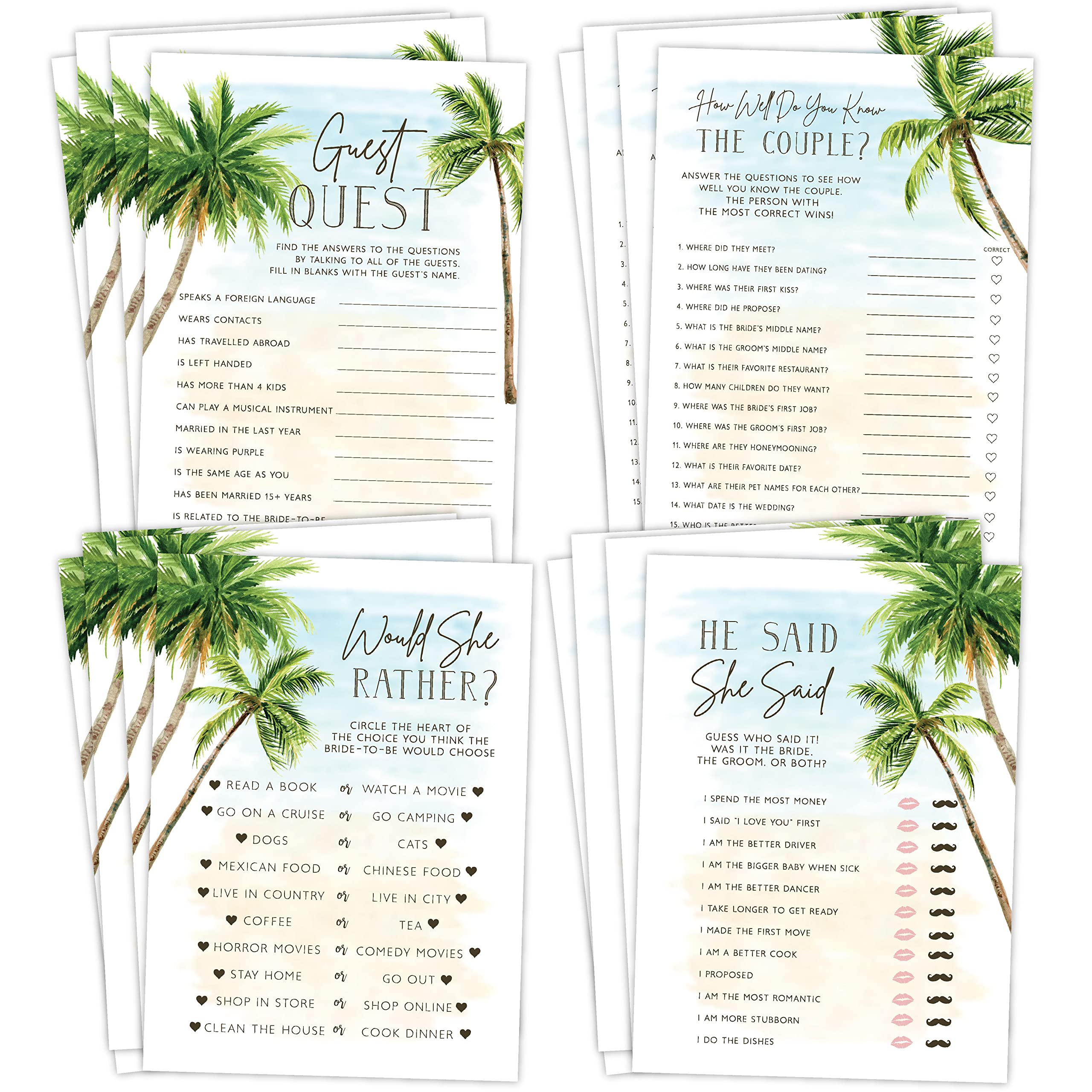 Your Main Event Prints Palm Tree Beach, Wedding Bridal Shower Games Guest Quest, He Said She Said, Would She Rather, How Well Do You Know(Set of 4 Fun Activities for 25 Guests)