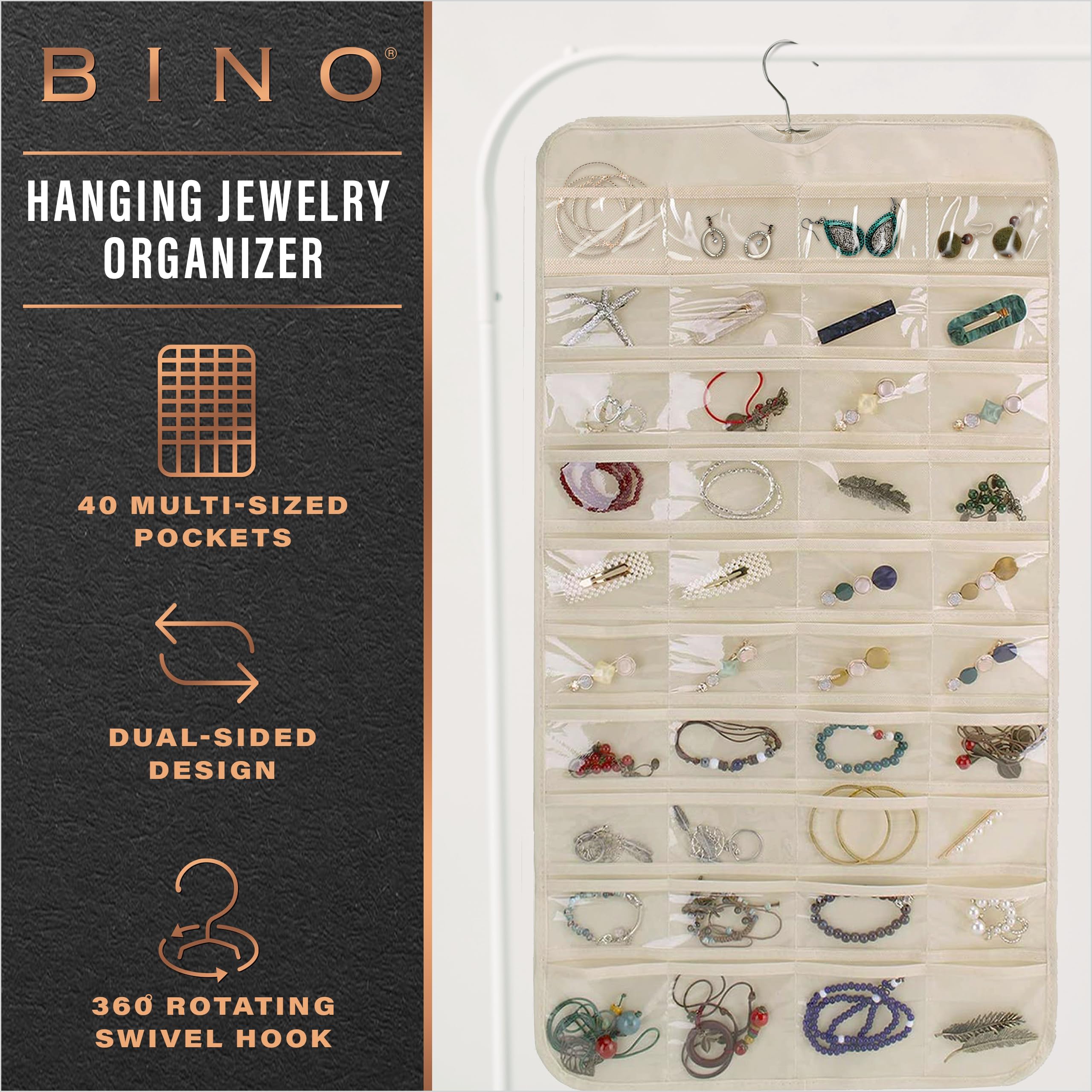 BINO Double Sided Hanging Jewelry Organizer - Beige | Necklace Bracelets & Earrings Storage | Portable Closet Organizer | Over-Door Accessories Holder with Pockets | Wardrobe Cabinet Jewelry Hanger