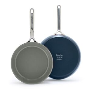 greenpan gp5 hard anodized healthy ceramic nonstick 9.5” & 11” 2 piece frying pan skillet set,heavy gauge scratch resistant,stay-flat surface, induction, mirror finish handle,oven safe,pfas-free, blue