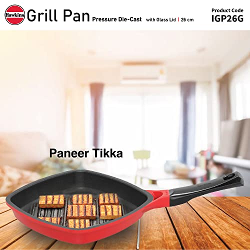 Hawkins 26 cm Grill Pan, Non Stick Die Cast Grilling Pan with Glass Lid, Square Grill Pan for Gas Stove, Ceramic Coated Pan, Roast Pan, Red (IGP26G)