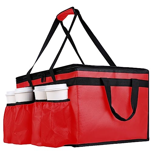 Insulated Food Delivery Bag with Cup Holders/Drink Carriers Premium XXL, Great for Beverages, Grocery, Pizza, Commercial Quality Hot and Cold Insulated Catering Bag 22x14x13 for doordash