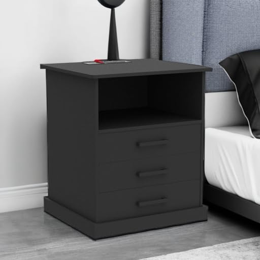 Hasuit Nightstand with Charging Station and LED Lights, Large Bedside Table with 3 Storage Drawer, Black Night Stand for Bedroom, Wider Tabletop 19.0''(L) x 15.0''(W)