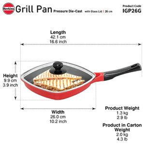 Hawkins 26 cm Grill Pan, Non Stick Die Cast Grilling Pan with Glass Lid, Square Grill Pan for Gas Stove, Ceramic Coated Pan, Roast Pan, Red (IGP26G)