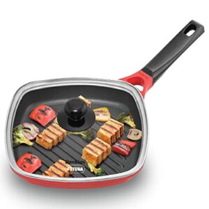 hawkins 26 cm grill pan, non stick die cast grilling pan with glass lid, square grill pan for gas stove, ceramic coated pan, roast pan, red (igp26g)