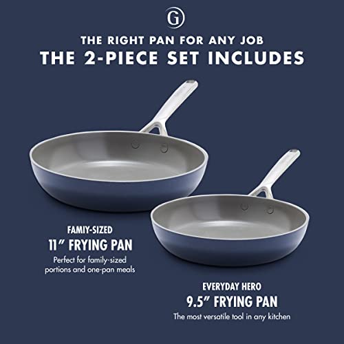 GreenPan GP5 Hard Anodized Healthy Ceramic Nonstick 9.5” & 11” 2 Piece Frying Pan Skillet Set,Heavy Gauge Scratch Resistant,Stay-Flat Surface, Induction, Mirror Finish Handle,Oven Safe,PFAS-Free, Blue