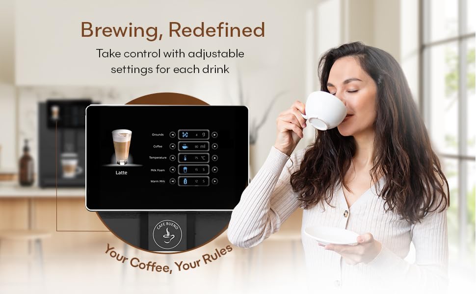 Cafe Bueno Super Automatic Espresso Machine - 19 Coffee Recipes, Durable, Grinder, Milk Frother, 7" Touchscreen