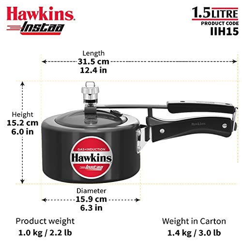 HAWKINS 1.5 Litre Instaa Pressure Cooker, Induction Inner Lid Cooker, Tall Body Hard Anodised Cooker, Best Black Cooker, Black (IIH15)