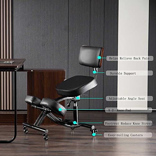 Kneeling Chair Ergonomic for Home and Office，Adjustable Saddle Chair to Improve Your Posture,Comfortable Knees and Footrest,Black,SSS-1458-2D-F