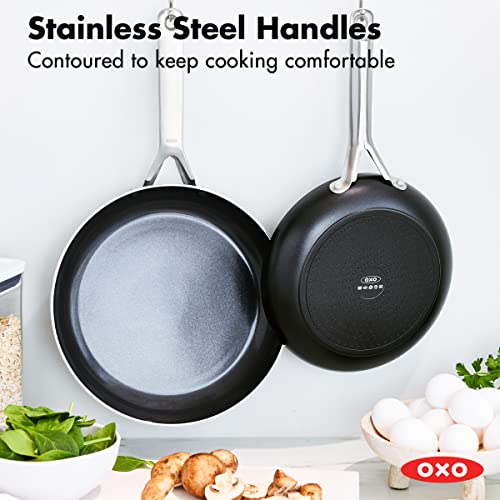 OXO Agility Series 9.5" and 11” Frying Pan Skillet Set, Ceramic Nonstick Cookware PFAS-Free Induction Suitable Quick Even Heating, Stainless Steel Handle, Chip-Free Rims Dishwasher and Oven Safe Black