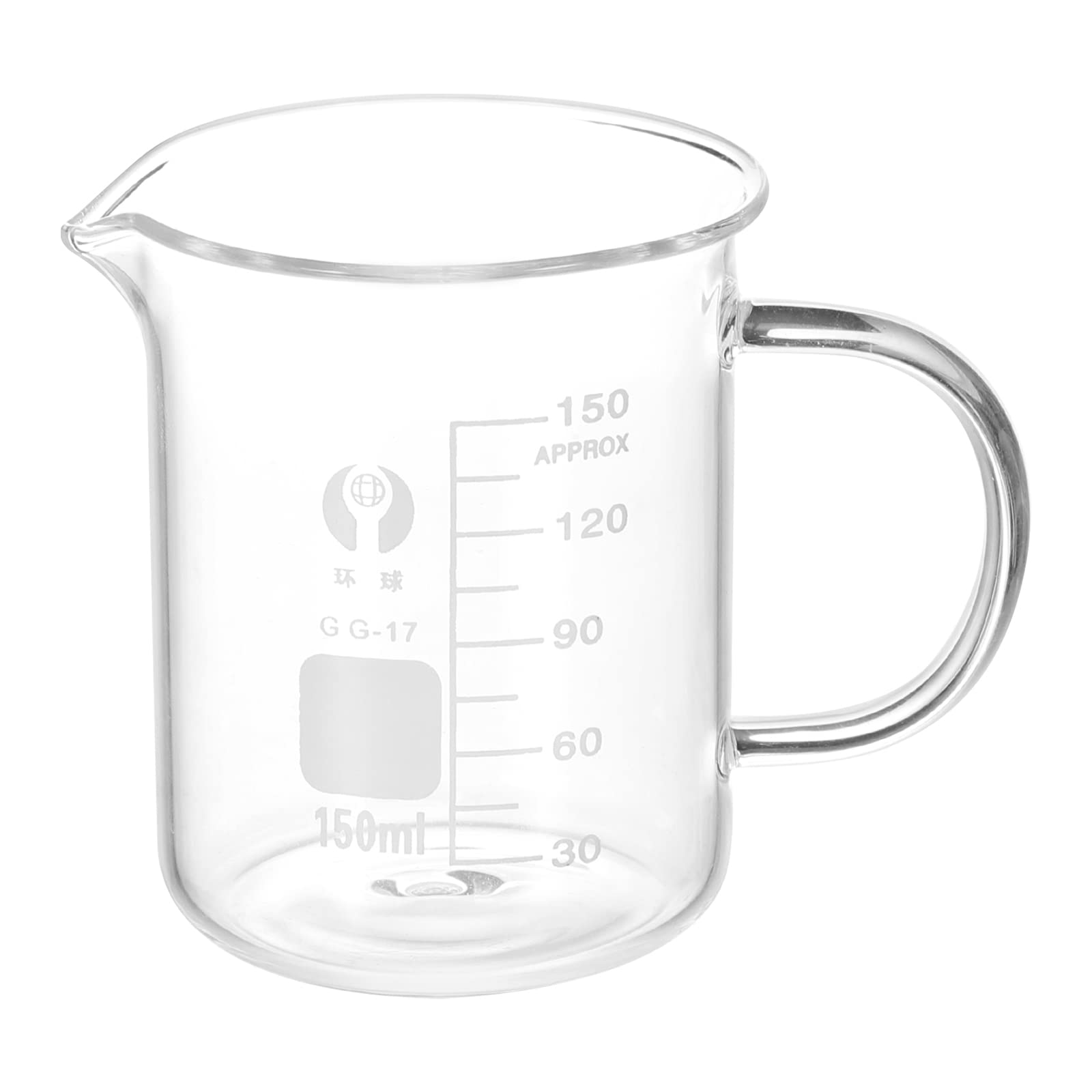 PATIKIL 150ml Glass Beaker with Handle, 3.3 Borosilicate Glass Graduated Printed Scale Measuring Cups with Spout for Kitchen Lab Liquids