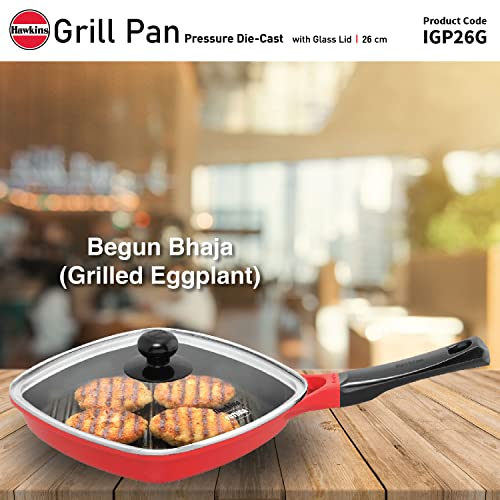 Hawkins 26 cm Grill Pan, Non Stick Die Cast Grilling Pan with Glass Lid, Square Grill Pan for Gas Stove, Ceramic Coated Pan, Roast Pan, Red (IGP26G)