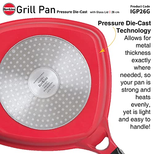 Hawkins 26 cm Grill Pan, Non Stick Die Cast Grilling Pan with Glass Lid, Square Grill Pan for Gas Stove, Ceramic Coated Pan, Roast Pan, Red (IGP26G)