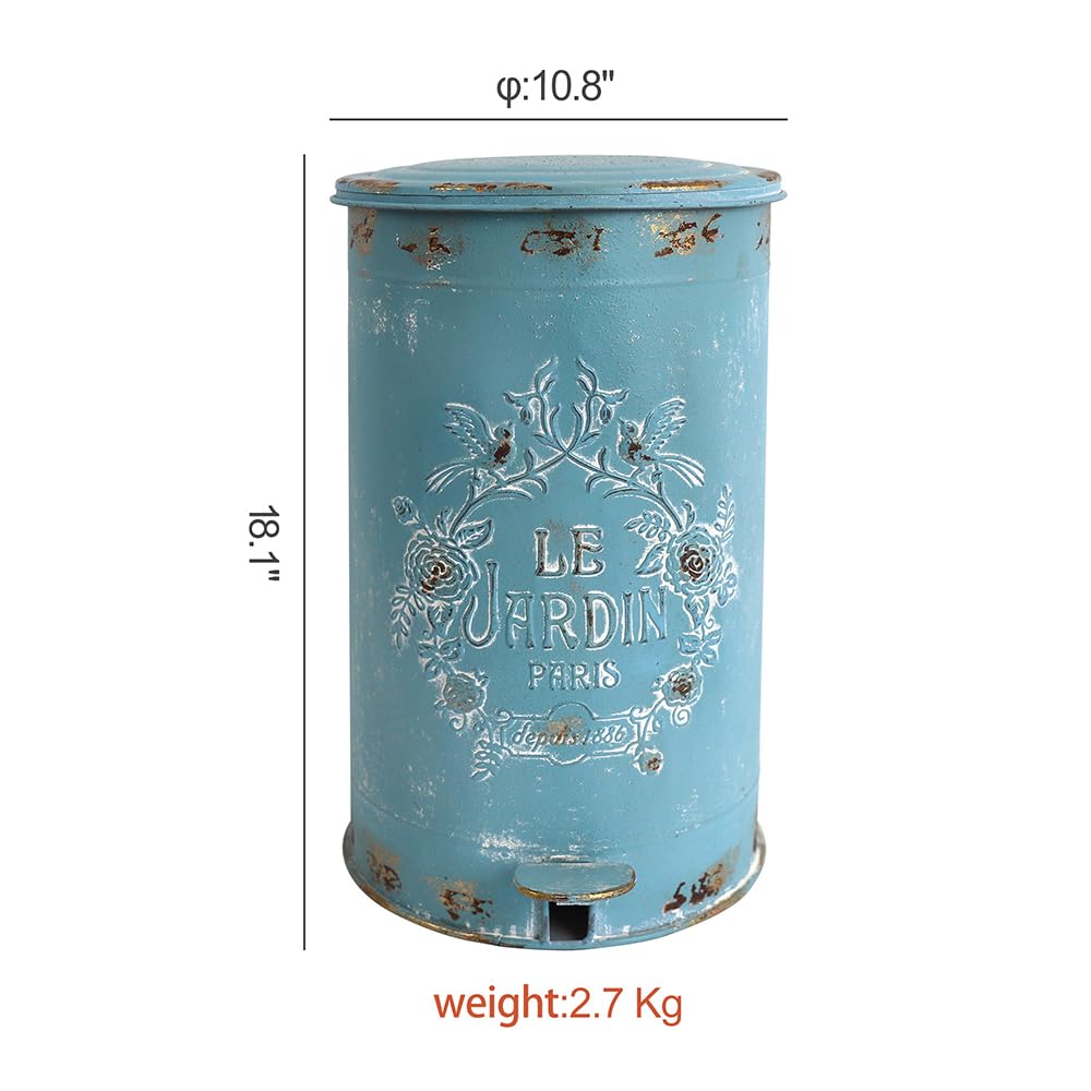 Z&Z ornamentorum Blue Trash Can 4.5 Gallon Retro Kitchen Trash Can with Lid and Pedal Round Touchless Garbage Cans with Flower and Bird Patterns Outdoor Trash Can for Kitchen Park Garden