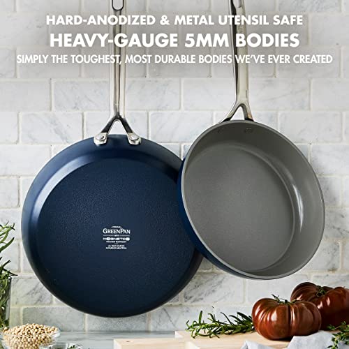 GreenPan GP5 Hard Anodized Healthy Ceramic Nonstick 9.5” & 11” 2 Piece Frying Pan Skillet Set,Heavy Gauge Scratch Resistant,Stay-Flat Surface, Induction, Mirror Finish Handle,Oven Safe,PFAS-Free, Blue