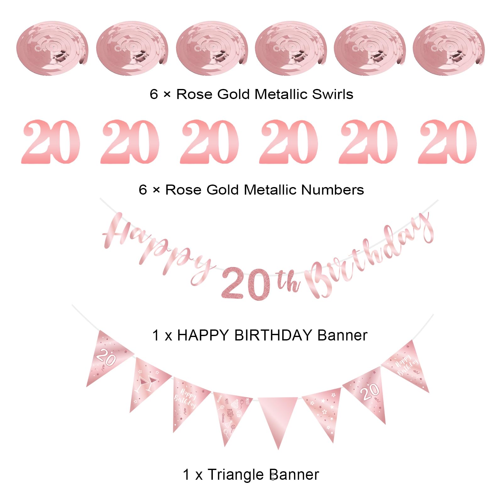 BRT Bearingshui 20th Birthday Decoration Kit for Women, Happy 20th Birthday Banner Bunting Swirls Streamers, Triangle Flag Banner for Birthday Party Decorations Supplies Rose Gold 20th