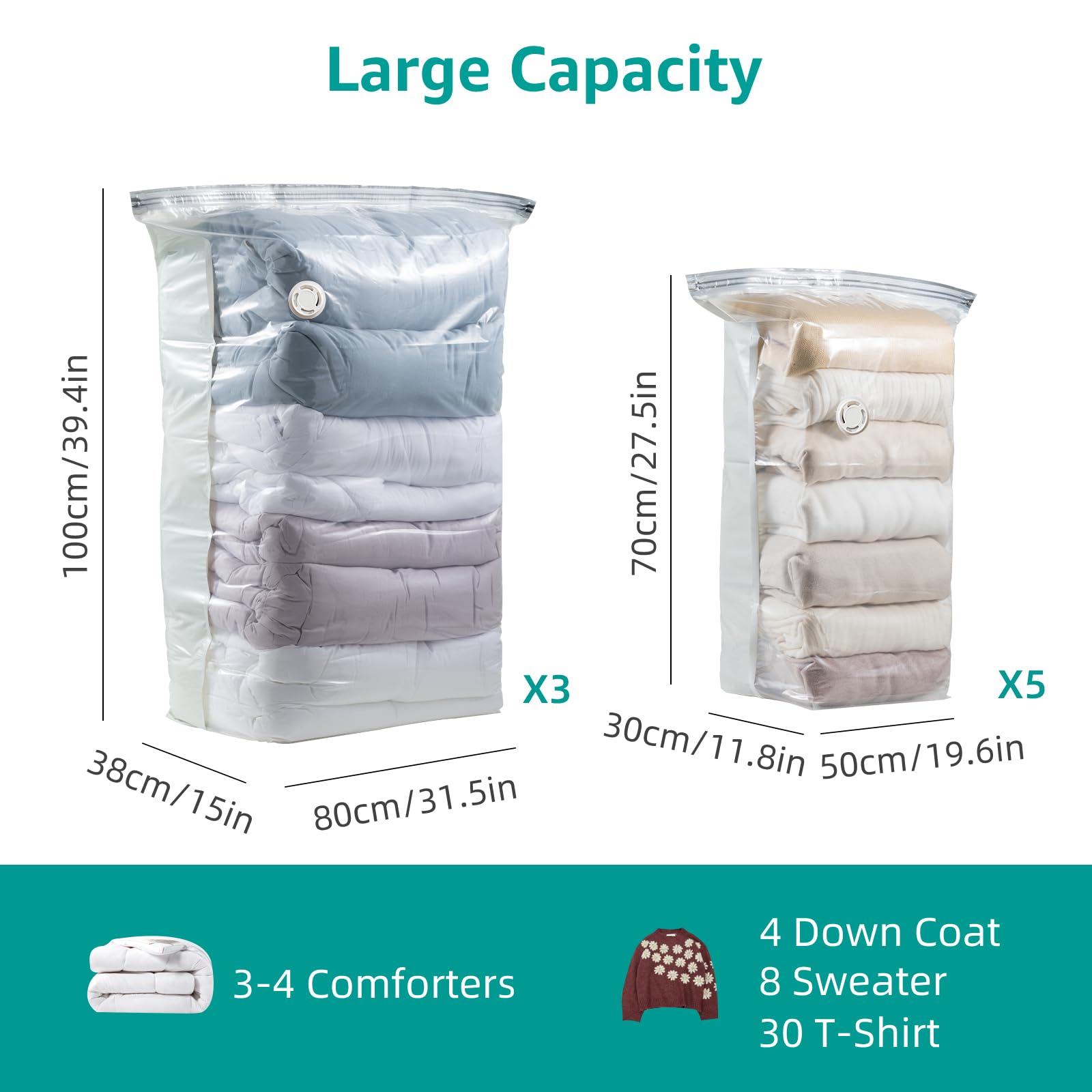 CLEVHOM Cube Vacuum Storage Bags for Comforters and Blankets, 8 Pack Vacuum Seal Bags for Beddings, Jumbo Space Saver Bags for Clothes (5 Medium, 3 Large)