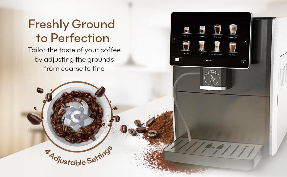 Cafe Bueno Super Automatic Espresso Machine - 19 Coffee Recipes, Durable, Grinder, Milk Frother, 7" Touchscreen