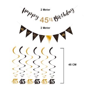 BRT Bearingshui 45th Birthday Decoration Kit for Men Women, Happy 45th Birthday Banner Bunting Swirls Streamers, Triangle Flag Banner for Birthday Party Decorations Supplies Black and Gold 45th