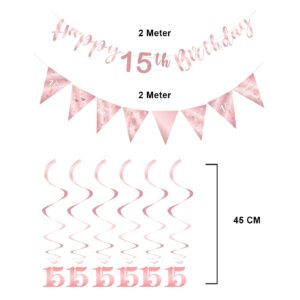 BRT Bearingshui 15th Birthday Decoration Kit for Girls, Happy 15th Birthday Banner Bunting Swirls Streamers, Triangle Flag Banner for Birthday Party Decorations Supplies Rose Gold 15th