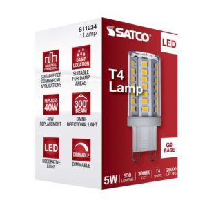 Satco S11234 5W/LED/G9/830/CL/120V/DIM – 5 Watt JCD LED; G9 Base; Clear Finish; 3000K; Soft White; 120 Volt; T4 Shape; 40W HID Equivalent; 2.13" MOL; Dimmable for Various Lighting Applications