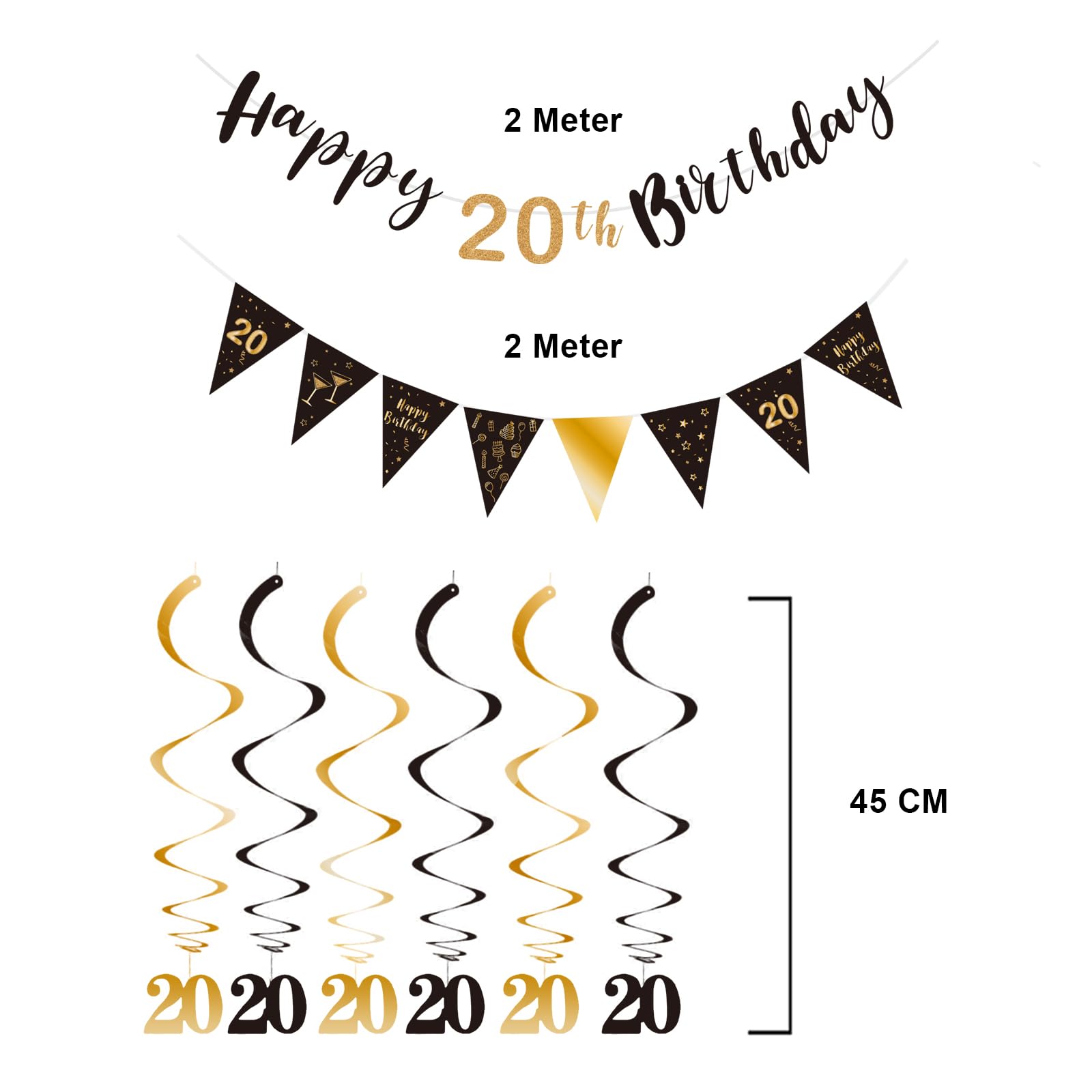 BRT Bearingshui 20th Birthday Decoration Kit for Men Women, Happy 20th Birthday Banner Bunting Swirls Streamers, Triangle Flag Banner for Birthday Party Decorations Supplies Black and Gold 20th