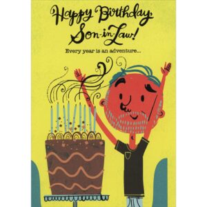 designer greetings every year is an adventure: man with raised arms funny/humorous birthday card for son-in-law with interactive sliding image