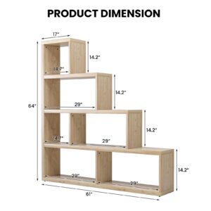 IFANNY 4 Tier Bookshelf, Step Bookcase with 6 Separate Storage Cubes, Wood Bookshelves and Bookcases, Geometric Display Shelf, Modern Book Shelf for Bedroom, Living Room, Home Office (Natural)