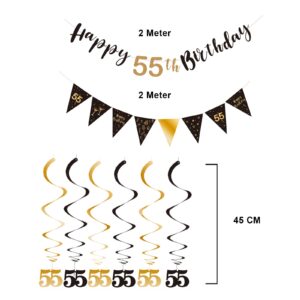 BRT Bearingshui 55th Birthday Decoration Kit for Men Women, Happy 55th Birthday Banner Bunting Swirls Streamers, Triangle Flag Banner for Birthday Party Decorations Supplies Black and Gold 55th