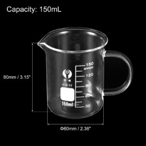 PATIKIL 150ml Glass Beaker with Handle, 3.3 Borosilicate Glass Graduated Printed Scale Measuring Cups with Spout for Kitchen Lab Liquids