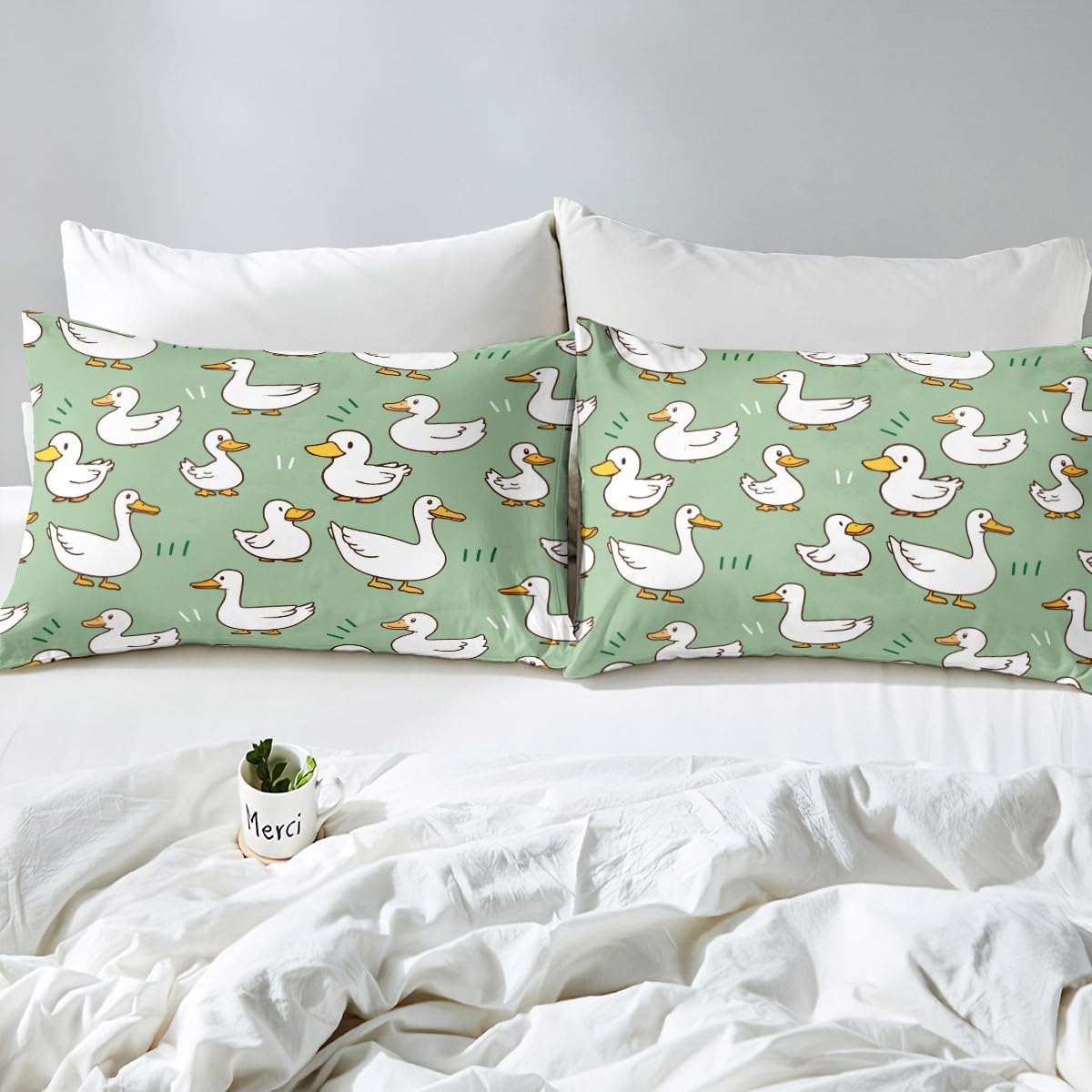 Erosebridal Kawaii White Goose Duvet Cover for Kids Boys Girls,Cartoon Bedding Set,Farm Animal Comforter Cover King Size,Country Duck Bed Sets with 2 Pillowcases Bedroom Decor