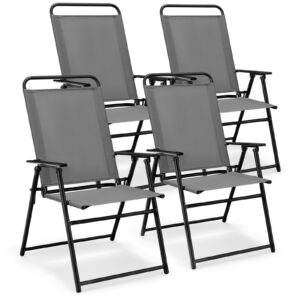 tangkula patio folding dining chairs set of 4, space-saving outdoor sling chairs with armrest & backrest, triangular frame, footpads, outdoor patio chairs for balcony, garden, poolside (gray)