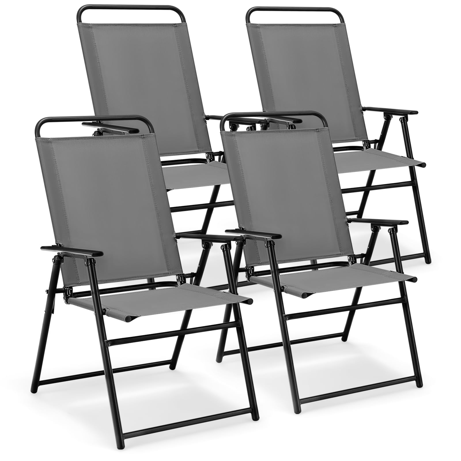 Tangkula Patio Folding Dining Chairs Set of 4, Space-Saving Outdoor Sling Chairs with Armrest & Backrest, Triangular Frame, Footpads, Outdoor Patio Chairs for Balcony, Garden, Poolside (Gray)