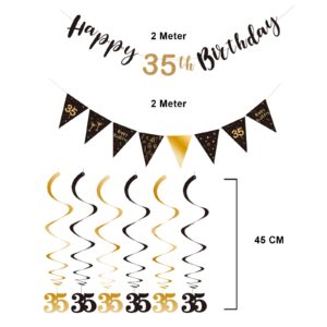 BRT Bearingshui 35th Birthday Decoration Kit for Men Women, Happy 35th Birthday Banner Bunting Swirls Streamers, Triangle Flag Banner for Birthday Party Decorations Supplies Black and Gold 35th