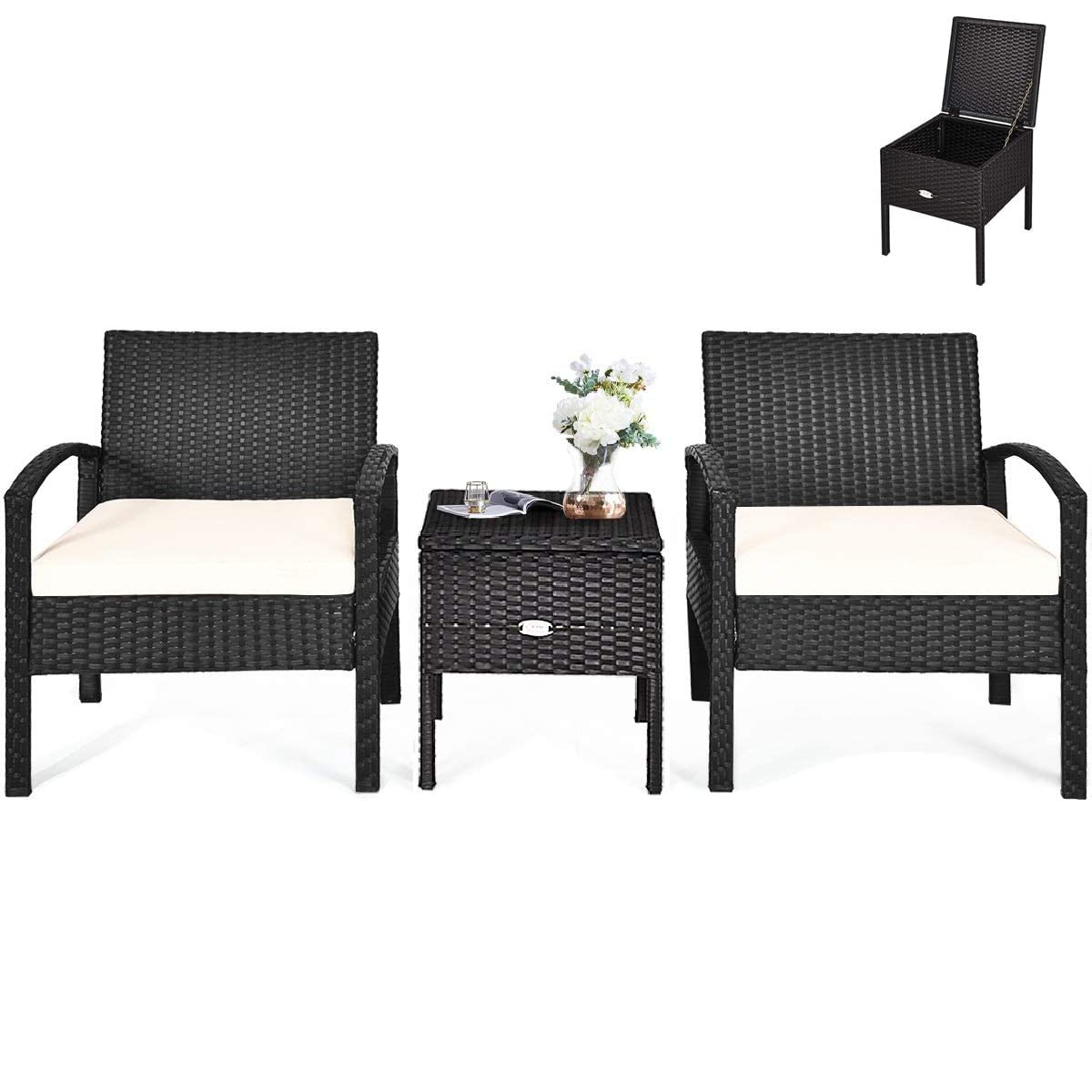 HAPPYGRILL 3 Pieces Patio Furniture Set Rattan Wicker Sofa Set with Removable Cushions and Coffee Table, Outdoor Conversation Bistro Chairs Set with Storage Table for Garden Poolside Balcony